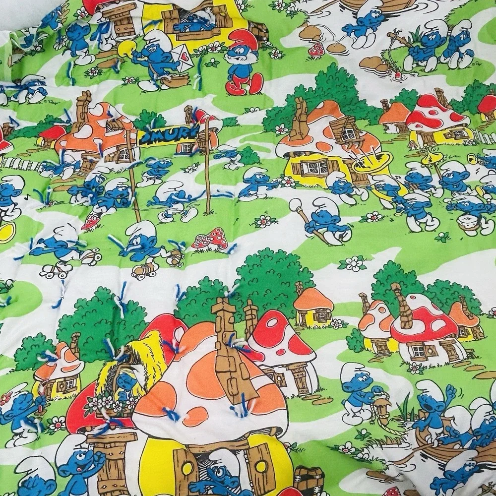 Vintage Smurfs Baby Blanket Quilt Project Unfinished Edges 48x42 Handmade 80s